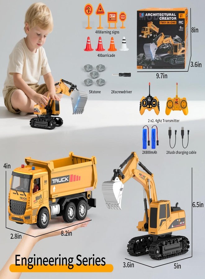 MQDMINI Remote Control Excavator and Dump Truck Toy Set - RC Construction Vehicles Toy with Barricades, Road Signs, Simulated Rocks, Lights and Sounds, Present for Toddlers 3-12 Year Boys Girls - Image 2